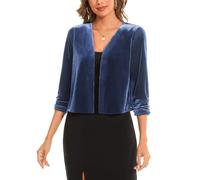 MINTLIMIT Open Front Velvet Cardigan Sweater Bolero Shrugs with 3/4 Sleeves & V-Neck for Office & Social Events (Blue XL)