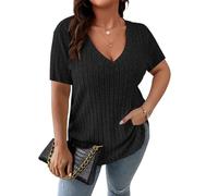 MINTLIMIT Plus Size Womens V Neck Blouses Loose Fit Shirts Short Sleeve Tops Vertical Stripe Blouse Lightweight Casual Solid Color Shirt (Black 3XL)