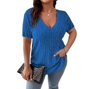 MINTLIMIT Plus Size Womens V Neck Blouses Loose Fit Shirts Short Sleeve Tops Vertical Stripe Blouse Lightweight Casual Solid Color Shirt (Royal Blue 4XL)