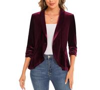 MINTLIMIT Shawl Collar Ruffle Hem Velvet Burgundy Blazer 3/4 Ruched Sleeve One Button Closure Cardigan Deconstructed Blazers (Wine Red S)