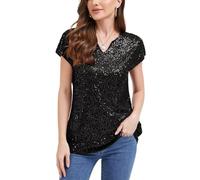 MINTLIMIT Short Sleeve Sequin Sparkly Blouse Women T Shirt V Neck Fully Lined Sparkly Cap Sleeve Top for Festivals (Black M)
