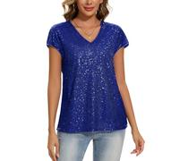 MINTLIMIT Sparkly Tops for Women UK Short Cap Sleeve T Shirt Sequin Blouse V Neck Tunic Top (Royal Blue S)