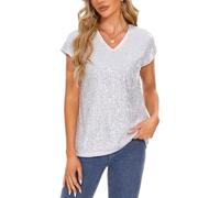 MINTLIMIT Sparkly Tops for Women UK Short Cap Sleeve T Shirt Sequin Blouse V Neck Tunic Top (Silvery S)