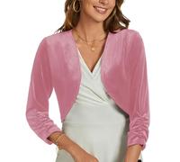 MINTLIMIT Velvet Shrug for Women's Ruched 3/4 Sleeve Open Front Cardigan Elegant Cocktail Party Cropped Bolero Jacket Dusty Pink