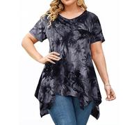 MINTLIMIT Women Plus Size Tops Short Sleeve Blouse V Neck Tunic Casual Loose T Shirt Asymmetrical (Grey,3XL)