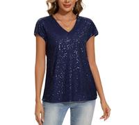 MINTLIMIT Women Shimmer Glitter Sequin Tops V Neck Cap Short Sleeves Sparkly Sequined Shirts for Party (Navy XXL)