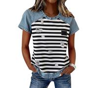 MINTLIMIT Women Short Sleeve Cropped T-Shirts Crew Neck Loose Tops Summer Casual Drop Shoulder Basic Tees（Black & White Stripes,M）