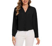 MINTLIMIT Womens Casual V Neck Long Sleeve Crop Top with Button Down Design Drop Shoulder and 2 Chest Patch Pockets (Black L)