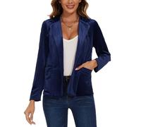 MINTLIMIT Women's Casual Velvet Blazer Coat Long Sleeve V Neck Button Front Jacket Suit with Pockets (Navy L)