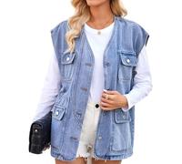 MINTLIMIT Women's Denim Vest Distressed Sleeveless Button V Neck Jean Jacket Casual Oversized Denim Waistcoat with Pockets, Blue, X-Large