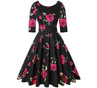 MINTLIMIT Women's Floral 1950s Vintage Swing Cocktail Party Dress with Roses Pattern Floral Rose Black and Red,Size XL