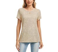 MINTLIMIT Womens Fully Lined T Shirt Sequin Blouse Short Sleeve Round Neck Glitter Sparkling Top (Golden S)