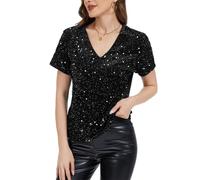 MINTLIMIT Women's Glitter Sparkle Sequin Short Sleeve Tops Velvet V Neck Shimmer Party Top Black