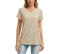 MINTLIMIT Womens Glitter T Shirt Sequin Champagne Blouse Short Sleeve Fully Lined Sparkling V Neck Top (Golden L)