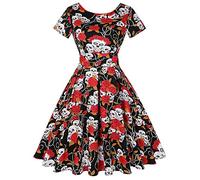 MINTLIMIT Women's Halloween Christmas Vintage Floral Sugar Skull Print Rockabilly Party Dress Black and Red Rose Skull Print,Size S
