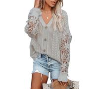MINTLIMIT Women's Jumpers Long Sleeve V Neck Tops Crochet Lace Hollow Out Ladies Knitted Sweaters Pullover Tops