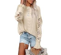 MINTLIMIT Women's Long Sleeve Jumpers Crewneck Crochet Lace Hollow Out Knit Sweaters Pullover Tops for Ladies