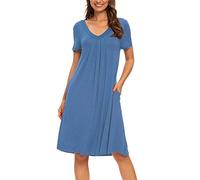 MINTLIMIT Womens Nightgown V Neck Sleepwear Short Sleeve Casual Nightshirt Pleated Sleep Shirt Dress with Pockets,Blue,20 22