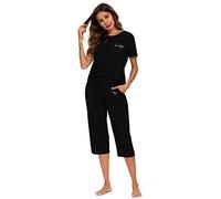MINTLIMIT Women's Pajama Sets Crew Neck Short Sleeves Top with Capri Pants Sleepwear Soft Rayon Pjs Sets with Leopard Trim Lounge Wear Womens Set Cropped Nightwear
