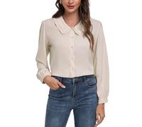 MINTLIMIT Women's Peter Pan Collar Shirt Long Sleeve Button Down Shirts Casual Work Vintage Blouses, Beige