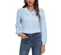 MINTLIMIT Women's Peter Pan Collar Shirt Long Sleeve Button Down Shirts Casual Work Vintage Blouses, Sky Blue