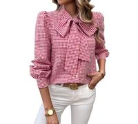 MINTLIMIT Women's Plaid Blouse Bow Tie Neck Long Sleeve Blouses Dressy Casual Gingham Tops Button Down Shirt Red