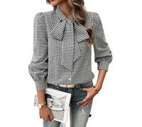 MINTLIMIT Women's Plaid Blouse Bow Tie Neck Long Sleeve Blouses Dressy Casual Gingham Tops Button Down Shirt Black
