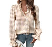 MINTLIMIT Womens Plaid Blouse Peasant Ruffle Neck Button Down Plaid Puff Long Sleeve Gingham Blouse Shirts Khaki