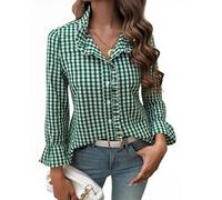 MINTLIMIT Womens Plaid Blouse Peasant Ruffle Neck Button Down Plaid Puff Long Sleeve Gingham Blouse Shirts Dark Green