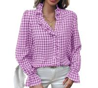 MINTLIMIT Womens Plaid Blouse Peasant Ruffle Neck Button Down Plaid Puff Long Sleeve Gingham Blouse Shirts Purple