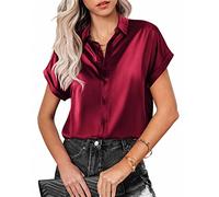 MINTLIMIT Women's Satin Shirt Blouse Short Sleeve Button Down Silk Blouse Casual Ladies Office Tops, Burgundy, Wine Red
