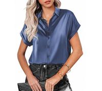 MINTLIMIT Women's Satin Shirt Blouse Short Sleeve Button Down Silk Blouse Casual Ladies Office Tops, Sky Blue