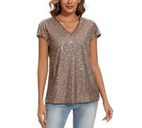 MINTLIMIT Women's Sequin Tops Short Sleeve Glitter Sparkly Party Blouse V-Neck Going Out Shirt (Dark Champagne XXL)