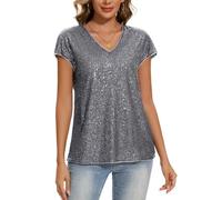 MINTLIMIT Women's Sequin Tops Short Sleeve Glitter Sparkly Party Blouse V-Neck Going Out Shirt (Grey XXL)