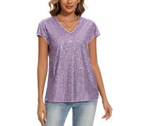 MINTLIMIT Women's Sequin Tops Short Sleeve Glitter Sparkly Party Blouse V-Neck Going Out Shirt (Light Purple XXL)