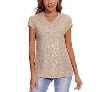 MINTLIMIT Women's Sequin Tops Short Sleeve Glitter Sparkly Party Blouse V-Neck Going Out Shirt (Light Yellow XXL)