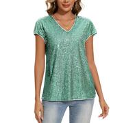 MINTLIMIT Women's Sequin Tops Short Sleeve Glitter Sparkly Party Blouse V-Neck Going Out Shirt (Mint Green XXL)