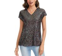 MINTLIMIT Women's Sequin Tops Short Sleeve Glitter Sparkly Party Blouse V-Neck Going Out Shirt (Multicolour XXL)