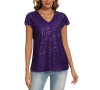 MINTLIMIT Women's Sequin Tops Short Sleeve Glitter Sparkly Party Blouse V-Neck Going Out Shirt (Purple XXL)