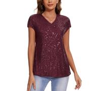 MINTLIMIT Women's Sequin Tops Short Sleeve Glitter Sparkly Party Blouse V-Neck Going Out Shirt (Wine red XXL)