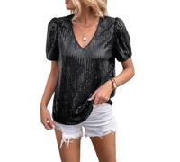 MINTLIMIT Women's Sequin Tops Short Sleeve Shimmer Glitter Top V Neck Sparkly Blouse Club Party Shirt