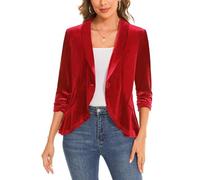 MINTLIMIT Women's Shawl Collar Navy Velvet Blazer Ruffle Hem with One-Button Closure 3/4 Sleeve Cardigan (Red L)