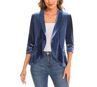 MINTLIMIT Women's Shawl Collar Velvet Blazer Ruffle Hem with One-Button Closure 3/4 Sleeve Cardigan (Blue S)
