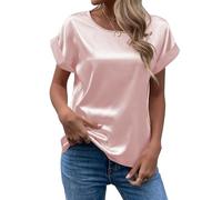 MINTLIMIT Womens Short Sleeve Satin Silk Blouse Rolled Round Neck Summer Casual Office Work Shirt 2024, Pink