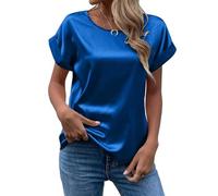 MINTLIMIT Womens Short Sleeve Satin Silk Blouse Rolled Round Neck Summer Casual Office Work Shirt 2024, Royal Blue