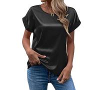 MINTLIMIT Womens Short Sleeve Satin Silk Blouse Rolled Round Neck Summer Casual Office Work Shirt 2024, Black