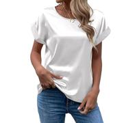 MINTLIMIT Womens Short Sleeve Satin Silk Blouse Rolled Round Neck Summer Casual Office Work Shirt 2024, White