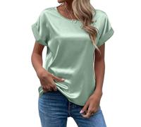 MINTLIMIT Womens Short Sleeve Satin Silk Blouse Rolled Round Neck Summer Casual Office Work Shirt 2024, Light Green