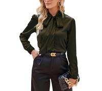 MINTLIMIT Women's Silk Blouses Long Sleeve Satin Button Down Shirt Work Office Elegant Bow Tie Neck Silk Shirts Ladies Top Army Green