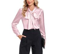 MINTLIMIT Women's Silk Blouses Long Sleeve Satin Button Down Shirt Work Office Elegant Bow Tie Neck Silk Shirts Ladies Top Pink
